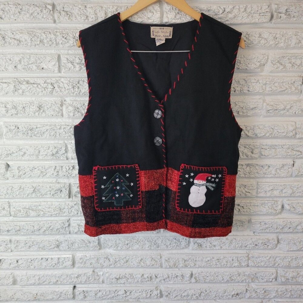 Christmas Lifestyle Women's XL Vest Black Wool Blend Embroidered Snowman NOV18E